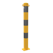 Barrier post | steel tube  89 x 2,9 mm | yellow / black | stationary, to be fixed by plugswith base plate 100 x 150 mm | with 2 eyelets